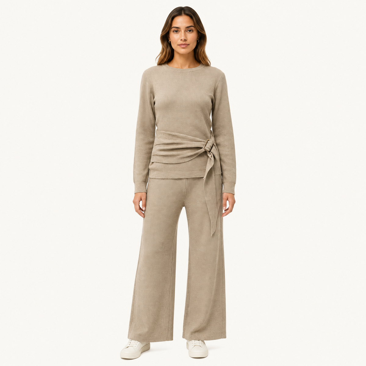 Conjunto Tejido Premium con Cinturón Ajustable y Pantalón Wide Leg Beige