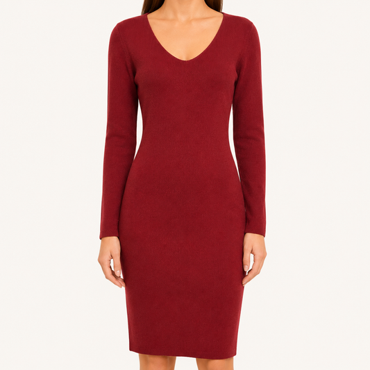 Vestido Mujer Entallado Manga Larga Cuello V Burdeo
