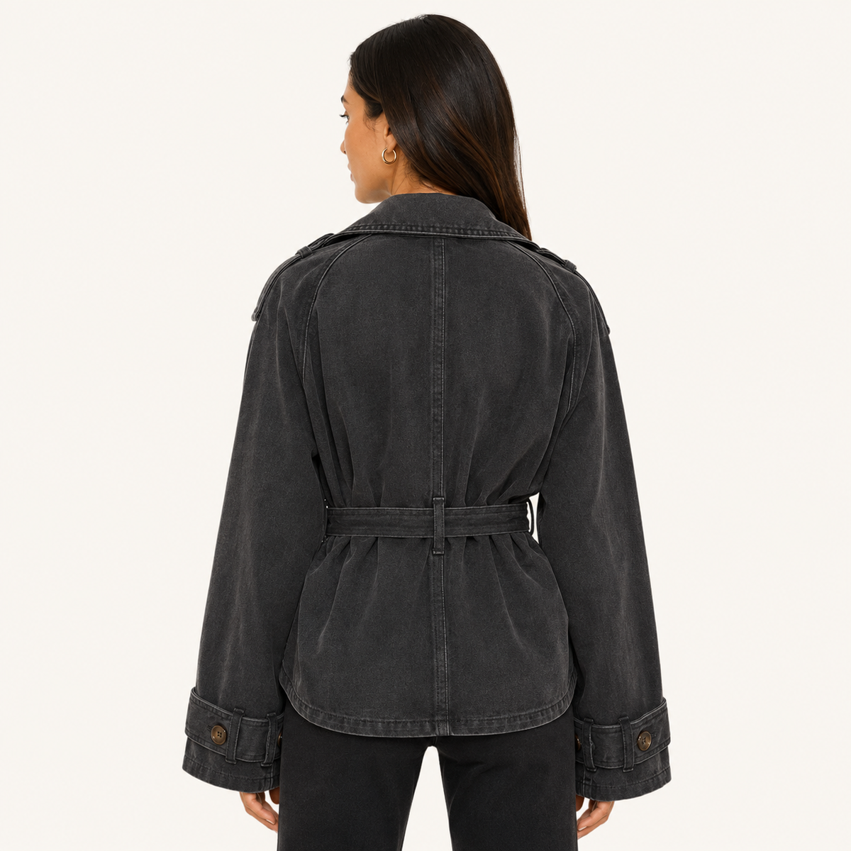 Chaqueta Denim Cruzada con Cinturón Negra