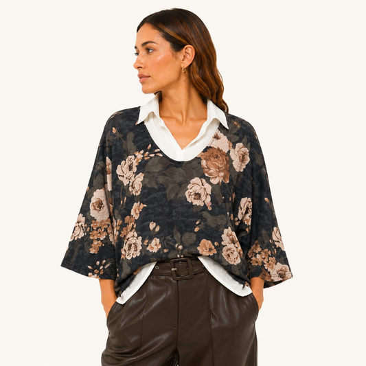 Blusa Floral 2 en 1 Manga Ajustable Azul