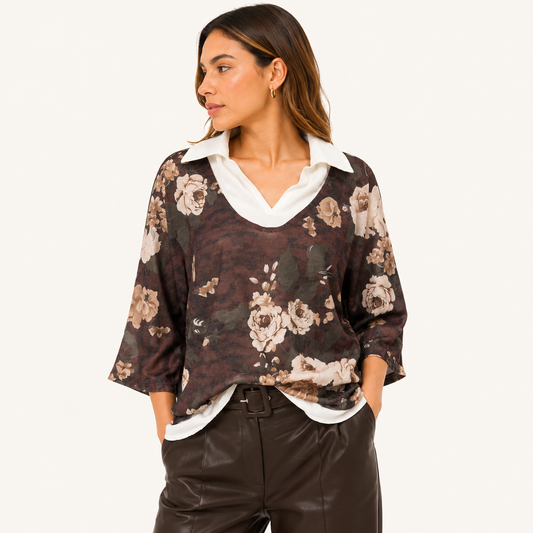 Blusa Floral 2 en 1 Manga Ajustable Marrón