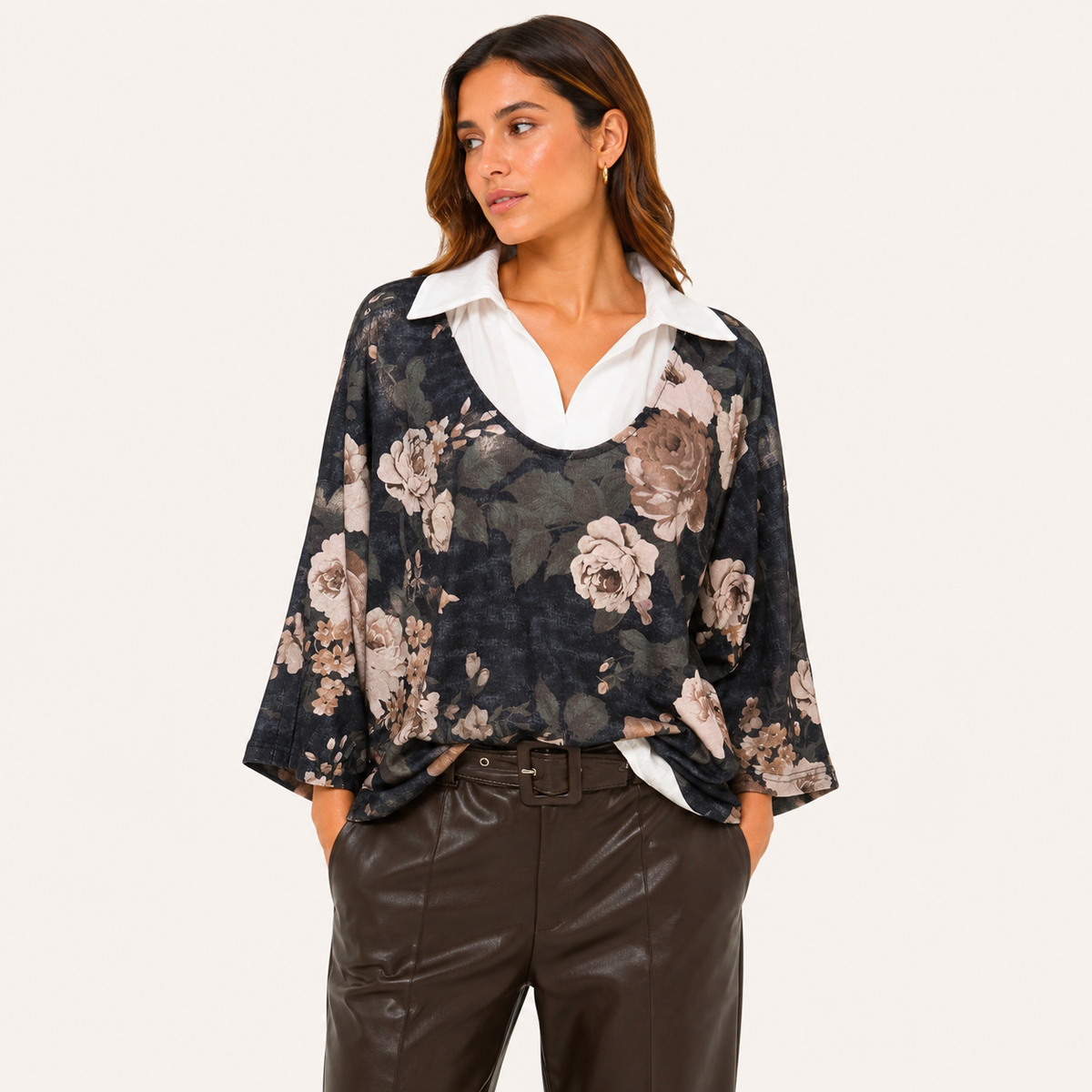 Blusa Floral 2 en 1 Manga Ajustable Azul