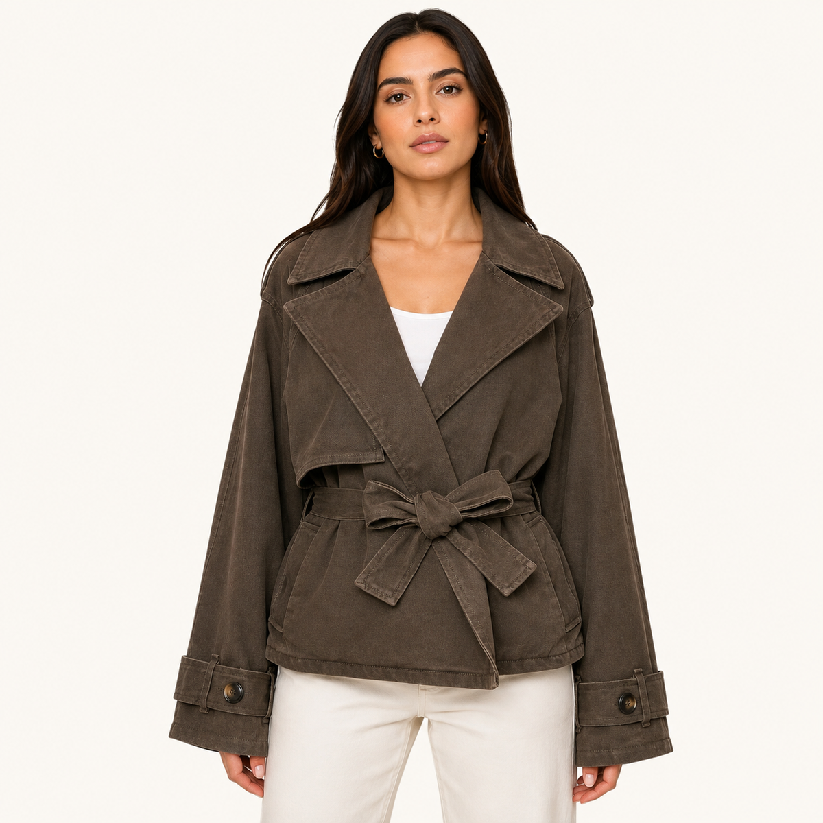 Chaqueta Denim Cruzada con Cinturón Marrón