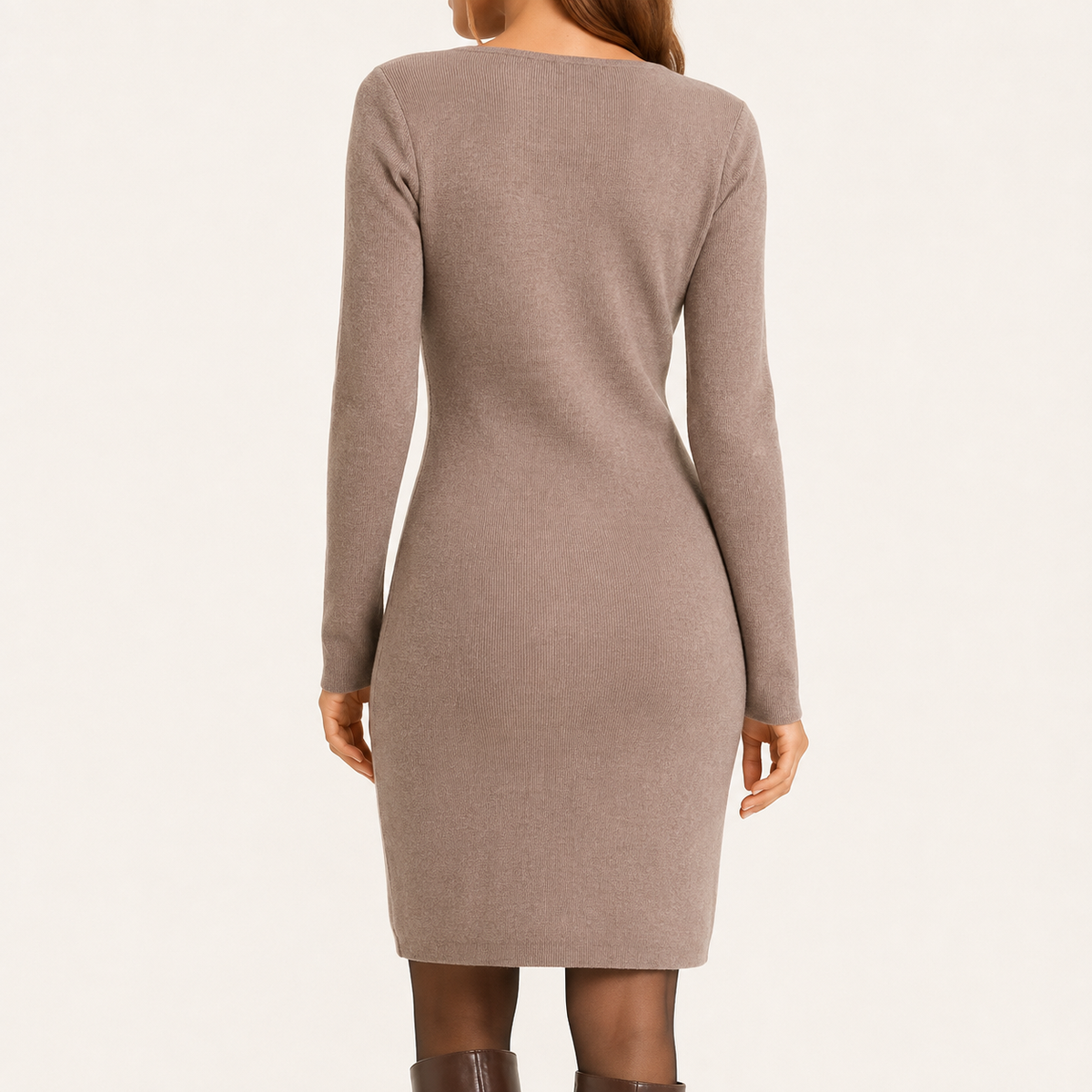 Vestido Mujer Entallado Manga Larga Cuello V Nude
