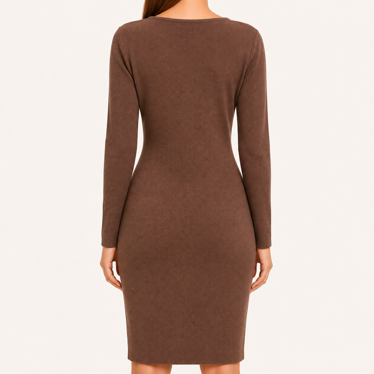 Vestido Mujer Entallado Manga Larga Cuello Marrón