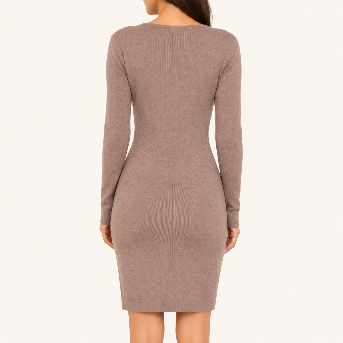 Vestido Mujer Entallado Manga Larga Cuello V Nude