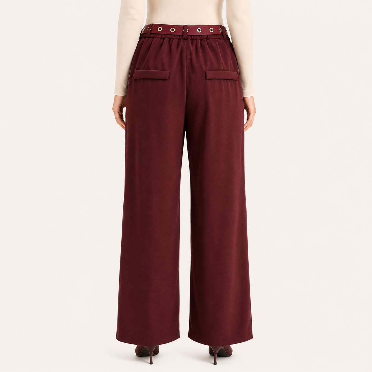 Pantalón Palazzo Paño con Cinturon Burdeo