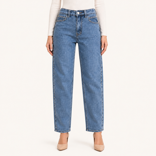 Jeans Barrel Tachas Plateadas Azul
