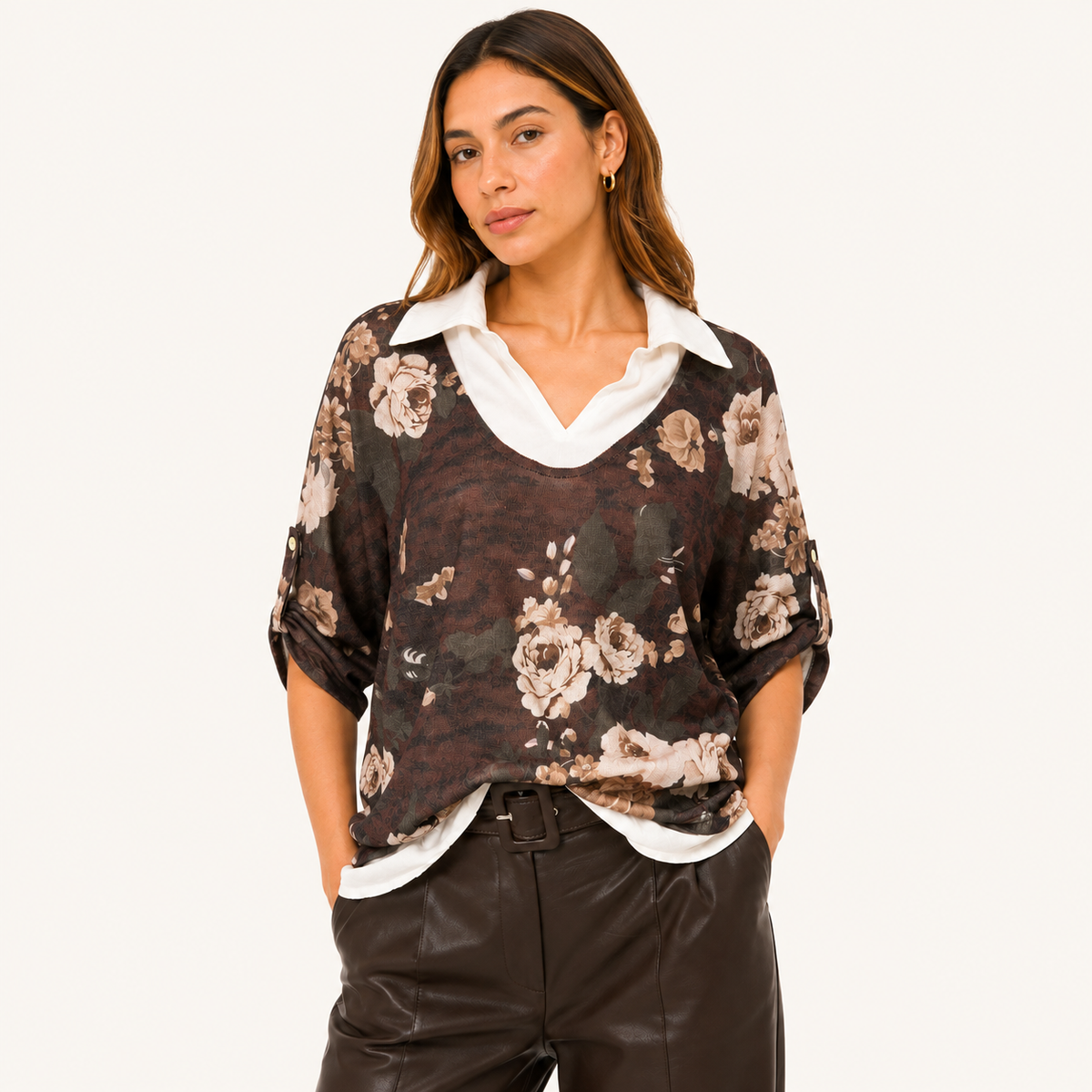 Blusa Floral 2 en 1 Manga Ajustable Marrón