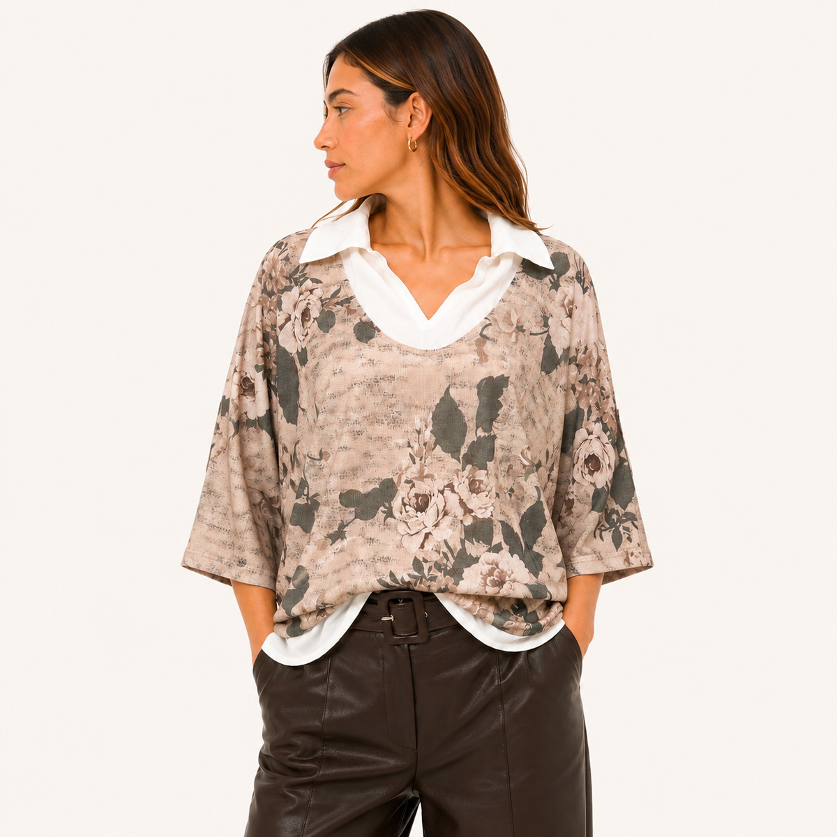Blusa Floral 2 en 1 Manga Ajustable Beige