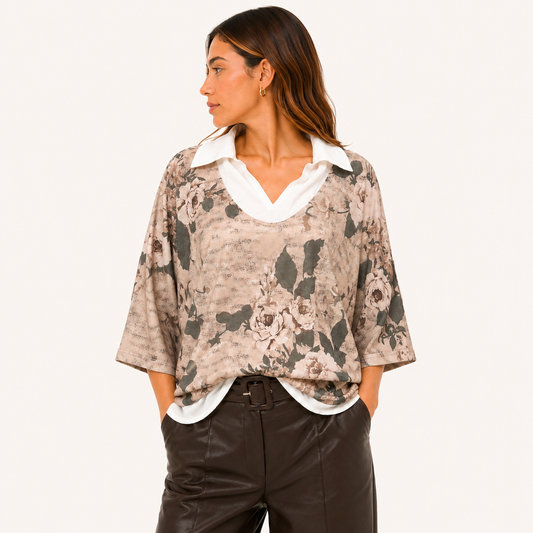 Blusa Floral 2 en 1 Manga Ajustable Beige