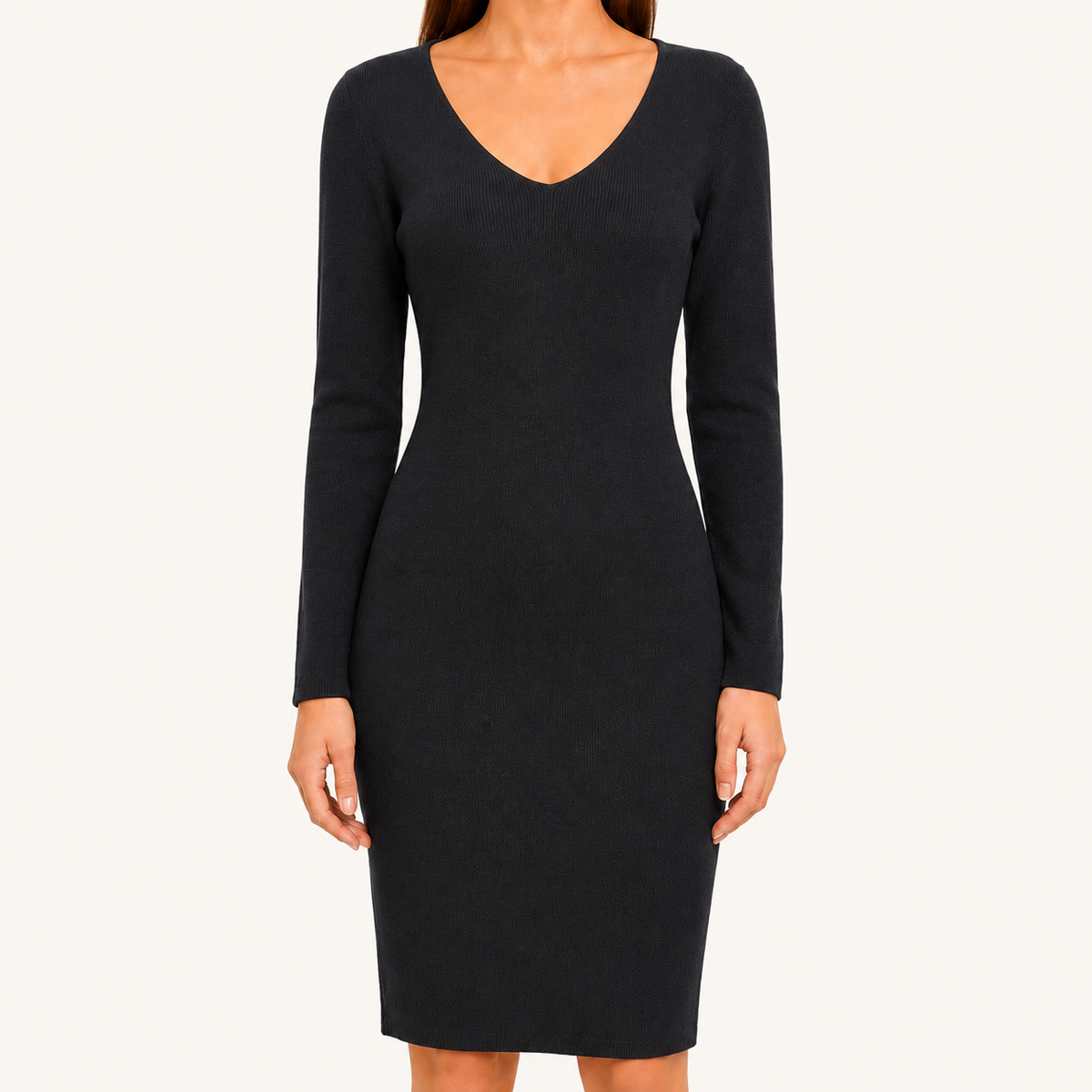 Vestido Mujer Entallado Manga Larga Cuello V Negro
