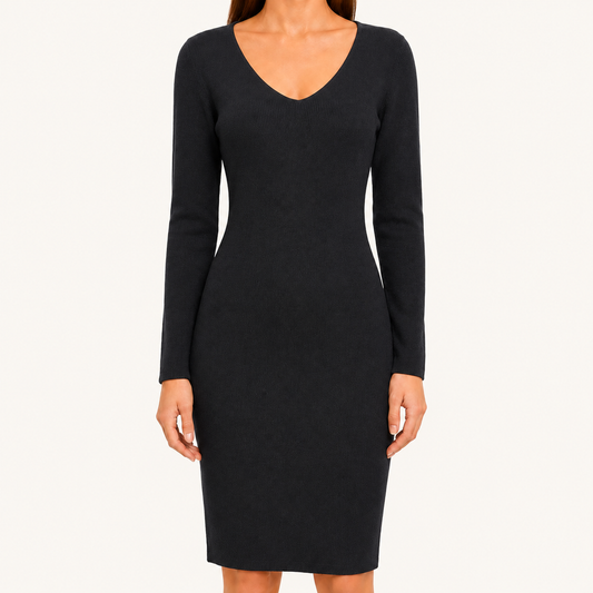 Vestido Mujer Entallado Manga Larga Cuello V Negro