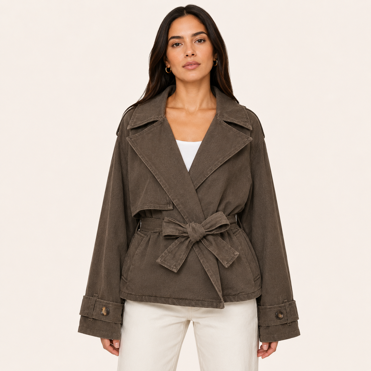 Chaqueta Denim Cruzada con Cinturón Marrón
